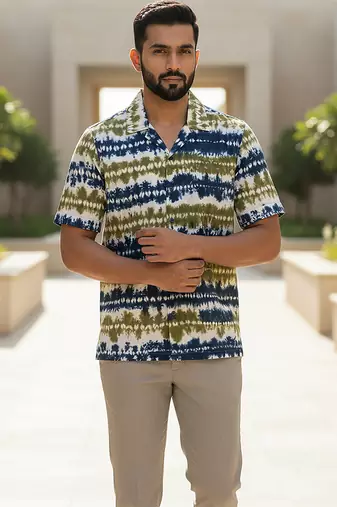 Olive blue printed cotton shirt