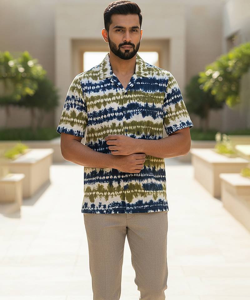 Olive blue printed cotton shirt