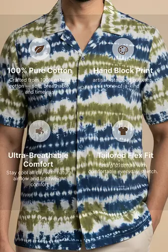 Olive blue printed cotton shirt