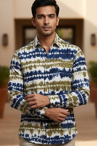 Olive blue printed cotton shirt
