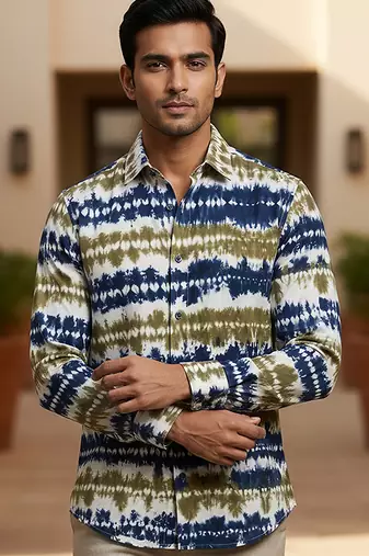 Olive blue printed cotton shirt