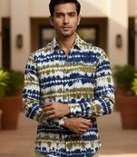 Olive blue printed cotton shirt