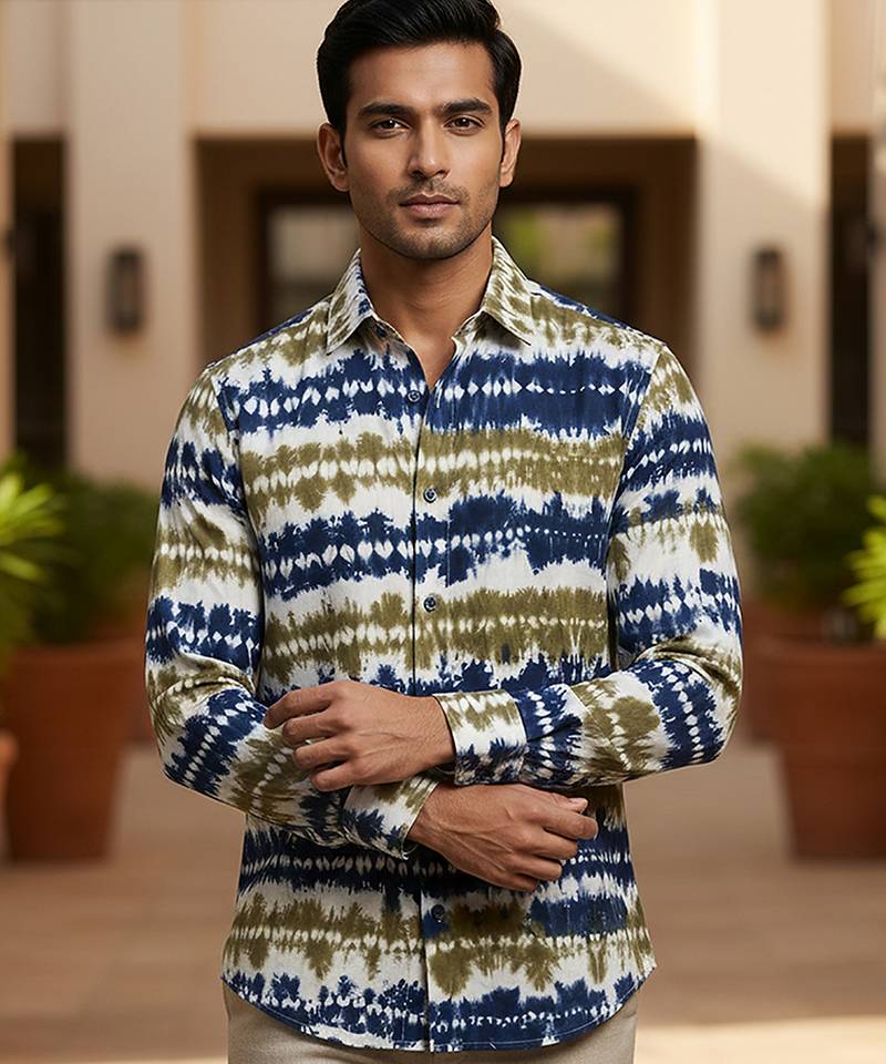 Olive blue printed cotton shirt