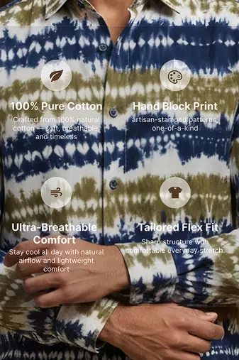 Olive blue printed cotton shirt