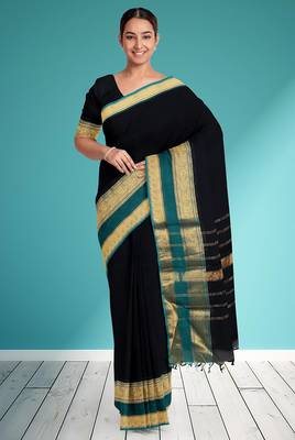 Smoky black & peacock teal green chettinad cotton saree with running blouse 1