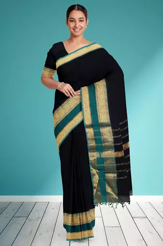 Smoky black & peacock teal green chettinad cotton saree with running blouse