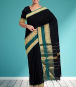 Smoky black & peacock teal green chettinad cotton saree with running blouse