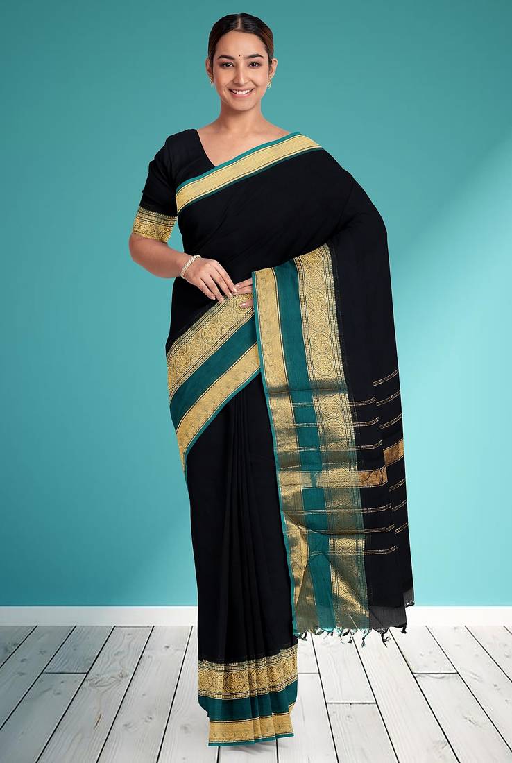 Smoky black & peacock teal green chettinad cotton saree with running blouse