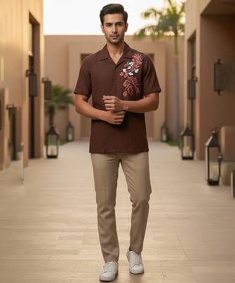 Brown floral embroidered cotton shirt 1