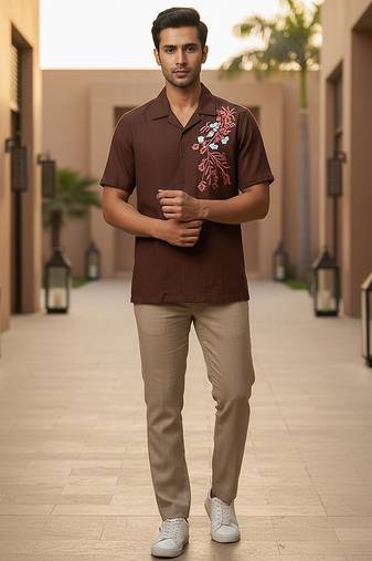 Brown floral embroidered cotton shirt