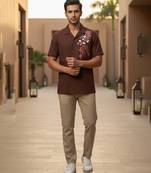 Brown floral embroidered cotton shirt