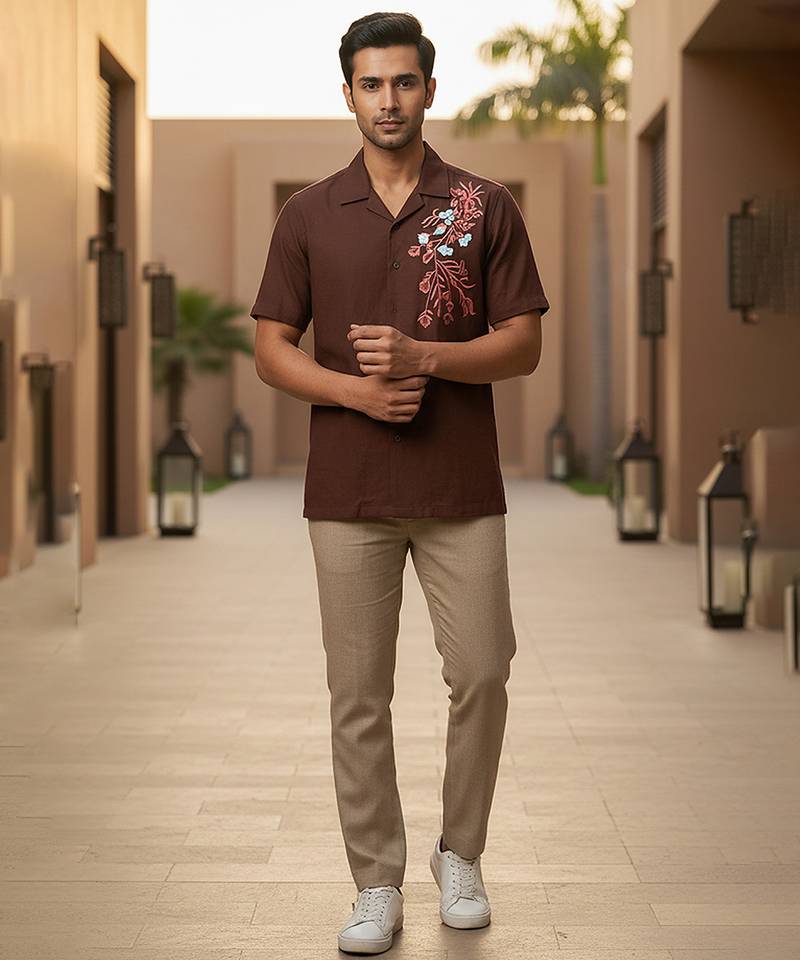 Brown floral embroidered cotton shirt