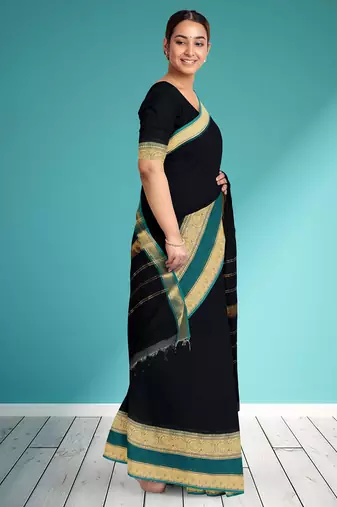 Smoky black & peacock teal green chettinad cotton saree with running blouse