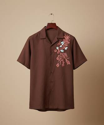Brown floral embroidered cotton shirt 2
