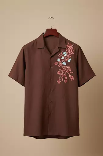 Brown floral embroidered cotton shirt
