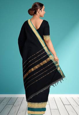 Smoky black & peacock teal green chettinad cotton saree with running blouse 3