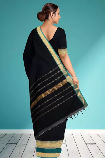 Smoky black & peacock teal green chettinad cotton saree with running blouse