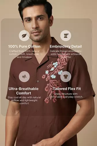 Brown floral embroidered cotton shirt
