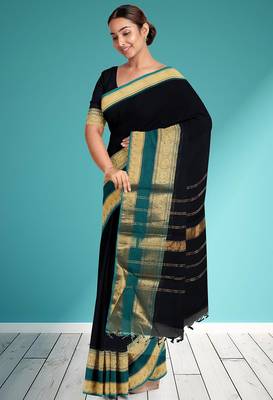 Smoky black & peacock teal green chettinad cotton saree with running blouse 4