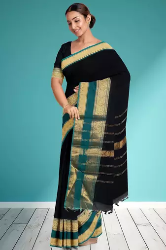 Smoky black & peacock teal green chettinad cotton saree with running blouse