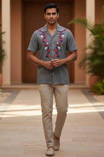 Grey leafs embroidered cotton shirt