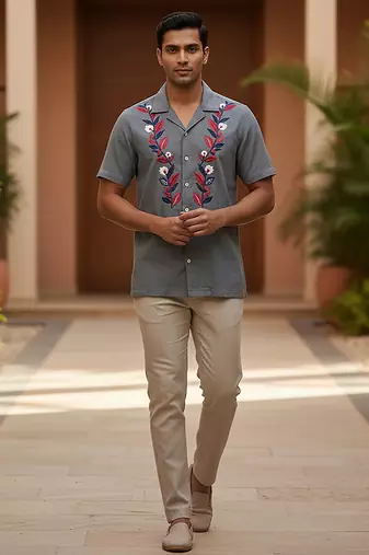 Grey leafs embroidered cotton shirt
