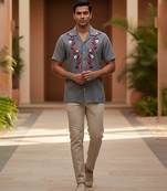 Grey leafs embroidered cotton shirt
