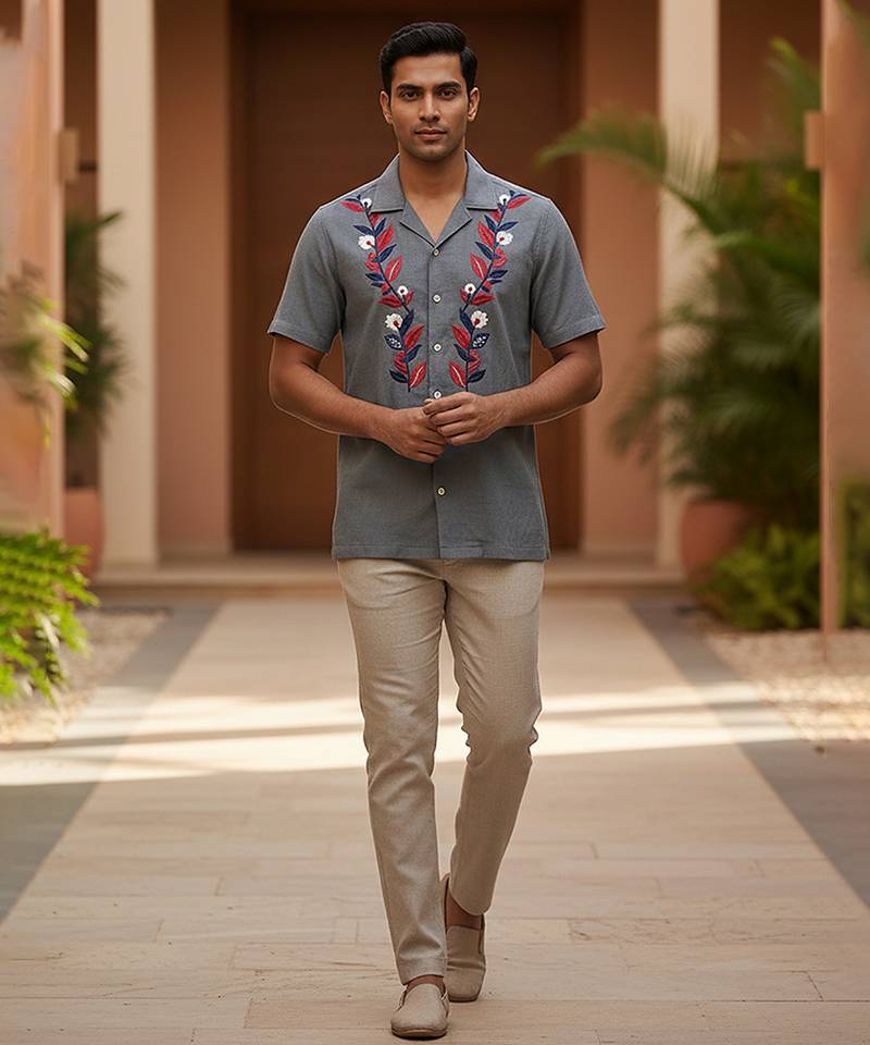 Grey leafs embroidered cotton shirt