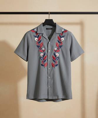 Grey leafs embroidered cotton shirt 2