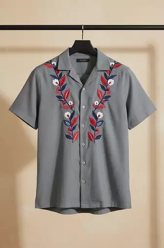 Grey leafs embroidered cotton shirt