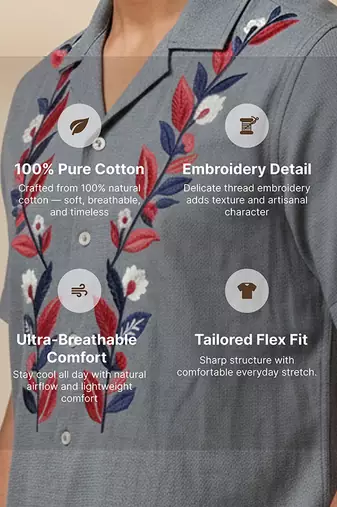 Grey leafs embroidered cotton shirt