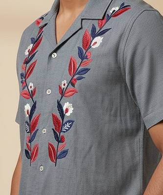 Grey leafs embroidered cotton shirt 4