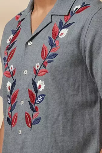 Grey leafs embroidered cotton shirt