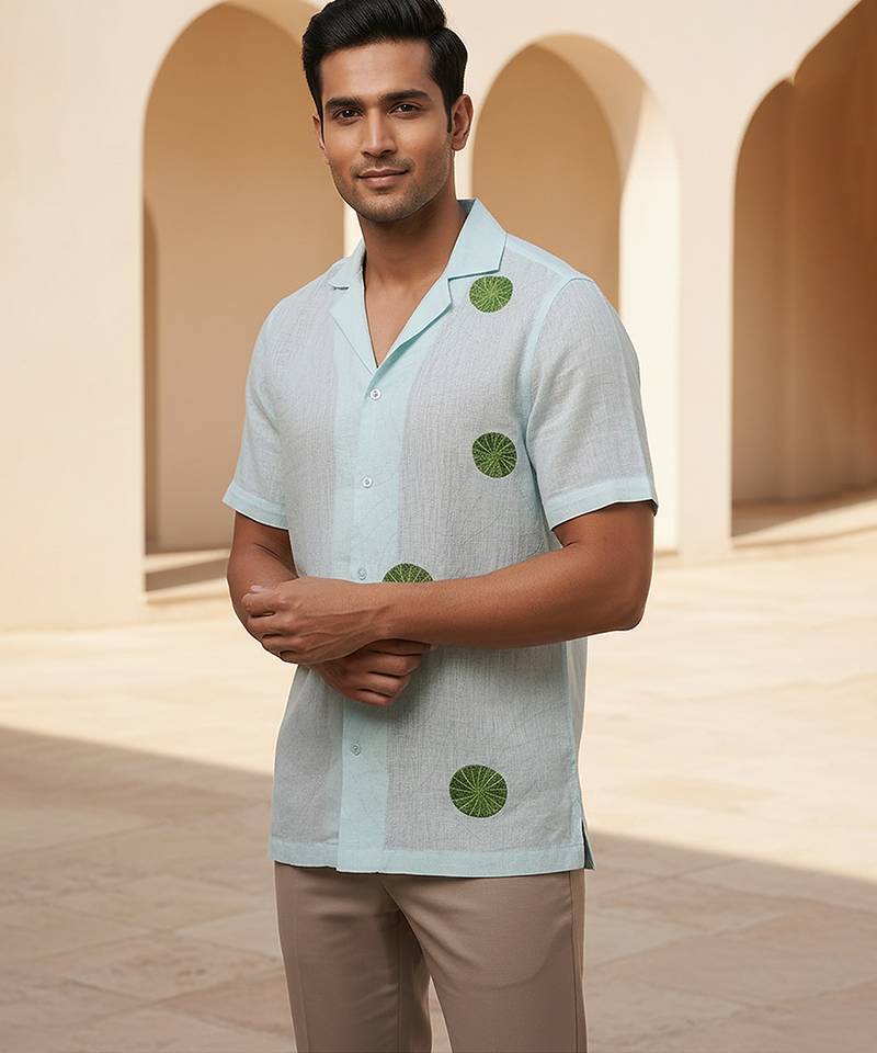 Ice blue embroidered linen shirt