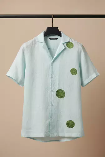 Ice blue embroidered linen shirt