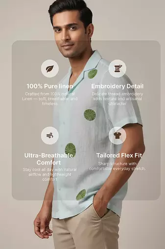 Ice blue embroidered linen shirt