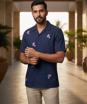 Navy blue embroidered cotton shirt 1
