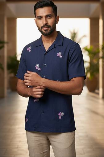 Navy blue embroidered cotton shirt
