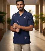 Navy blue embroidered cotton shirt