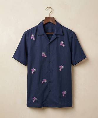 Navy blue embroidered cotton shirt 2