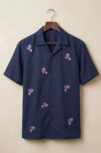 Navy blue embroidered cotton shirt