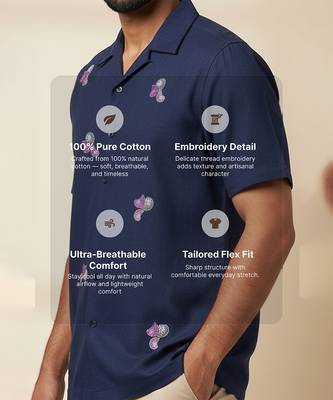 Navy blue embroidered cotton shirt 3