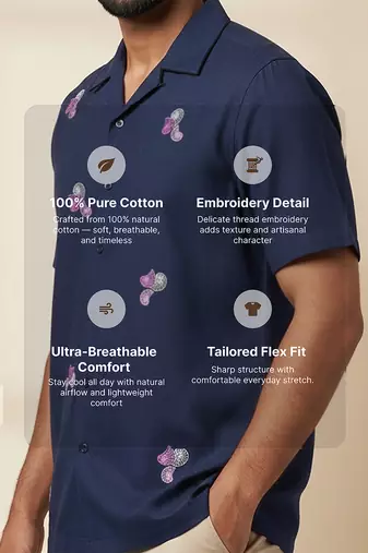 Navy blue embroidered cotton shirt