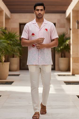Baby pink blue embroidered linen shirt