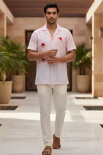 Baby pink blue embroidered linen shirt