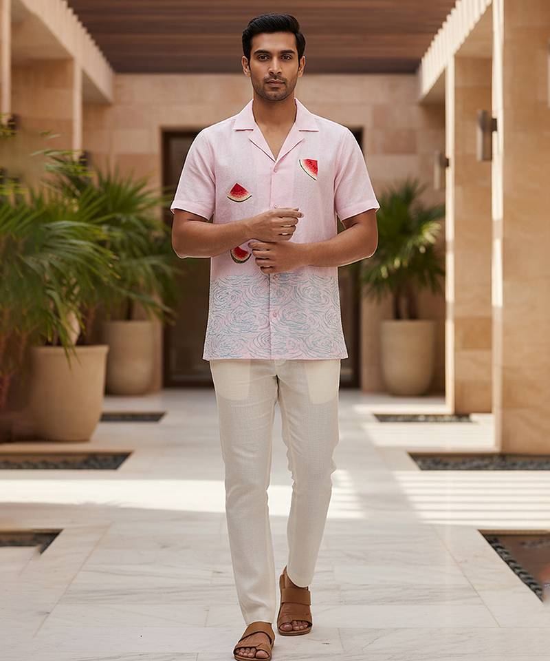 Baby pink blue embroidered linen shirt