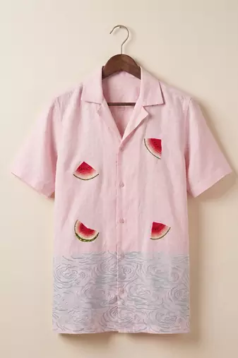 Baby pink blue embroidered linen shirt