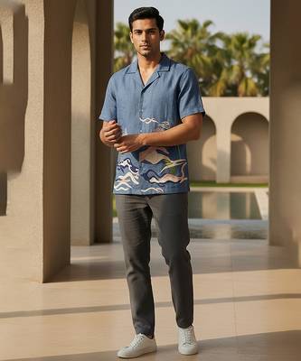 Indigo blue embroidered linen shirt 1