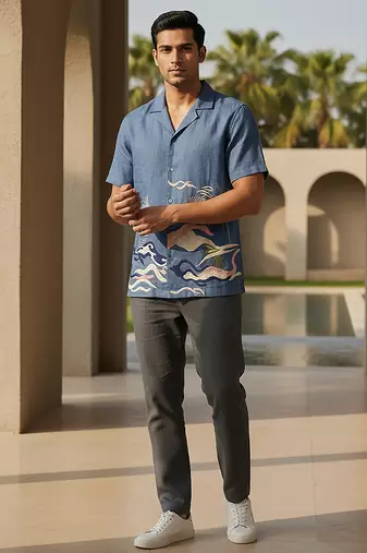 Indigo blue embroidered linen shirt