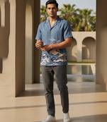 Indigo blue embroidered linen shirt